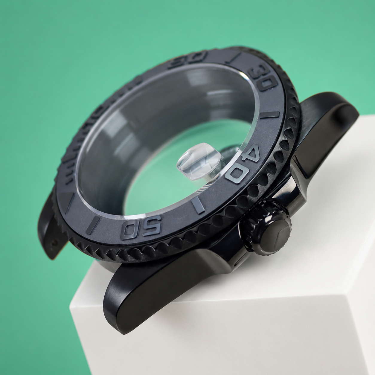 Caja Diver Negra 40 mm con Cristal de Zafiro con Magnificador de Fecha – Compatible NH34 / NH35 / NH36 / NH38 / ETA 2824 / Miyota 8215